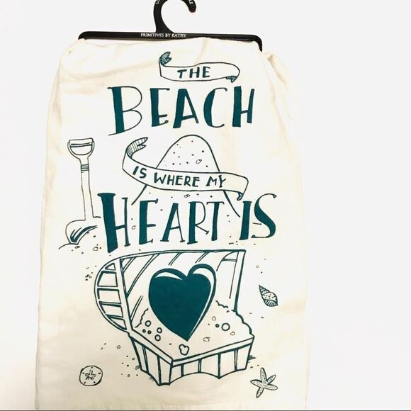 Beach Happy Place Kitchen Linen Dish Flour Sack Towel White Teal - Picture 1 of 5